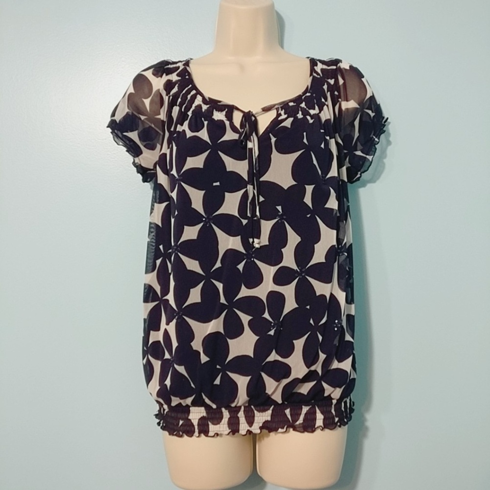 INC Navy and White Floral Shear Bubble Blouse